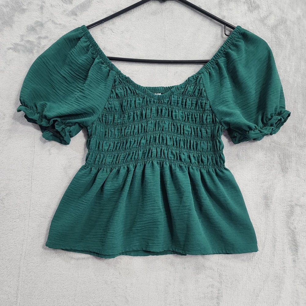 No Boundaries Top Womens XS Juniors Green Smocked Puff Sleeve Peplum Boho Casual
